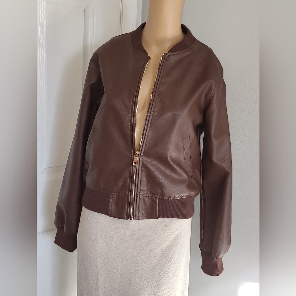 Elegant Faux Brown Bomber Jacket